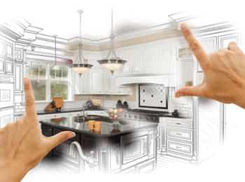 Female,Hands,Framing,Custom,Kitchen,Design,Drawing,And,Photo,Combination.